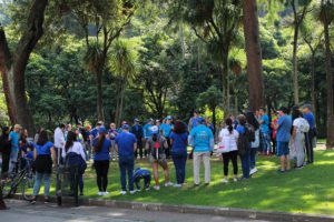 Reunión de personas en un parque con árboles.