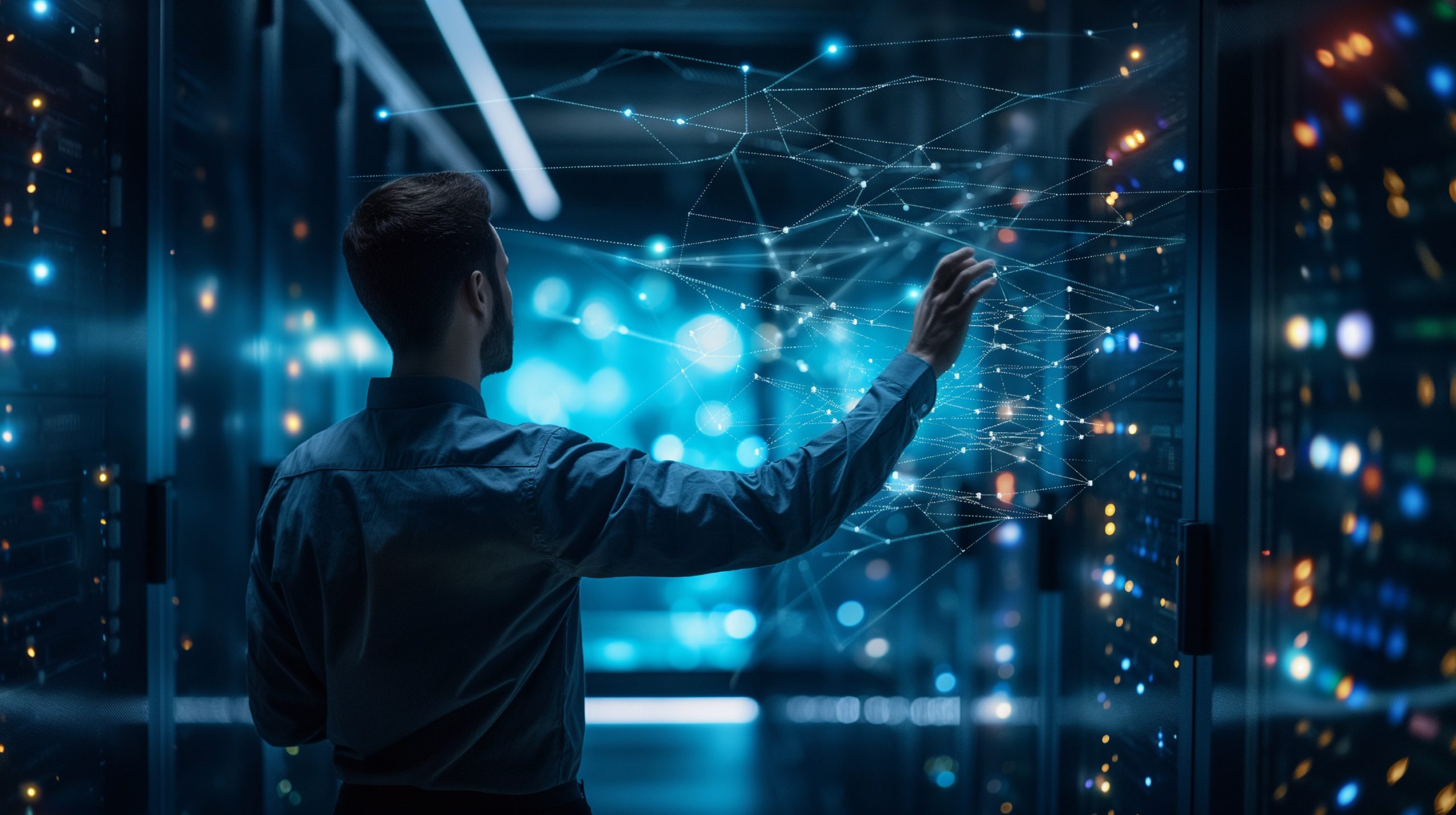 Big data, digital technology concept. Software engineer touching on virtual internet network connection with data center, network server, innovative futuristic technology background